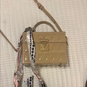 Elegant Tan Handbag with Scarf Accent